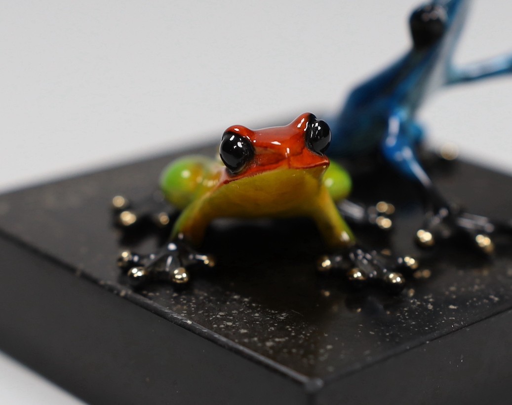 Tim Cotterill (Frogman) two small limited edition enamelled bronze frogs, ‘Meadow’ 1331/5000 with certificate of authenticity and another 3303/5000 without certificate of authenticity. Tallest 5cm